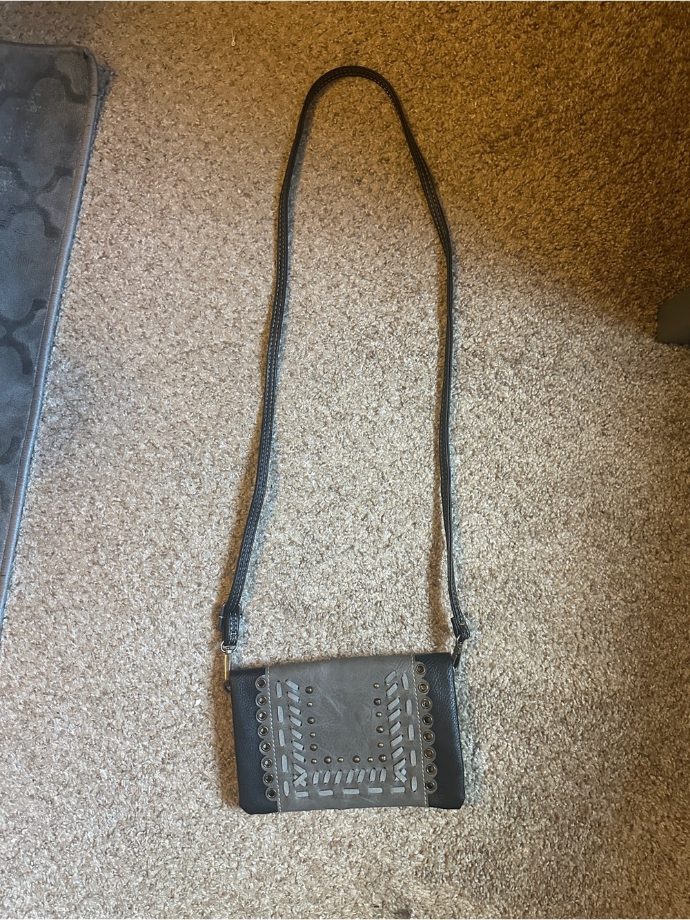 Women's Gray Crossbody Bag with Stud and Weave Detail